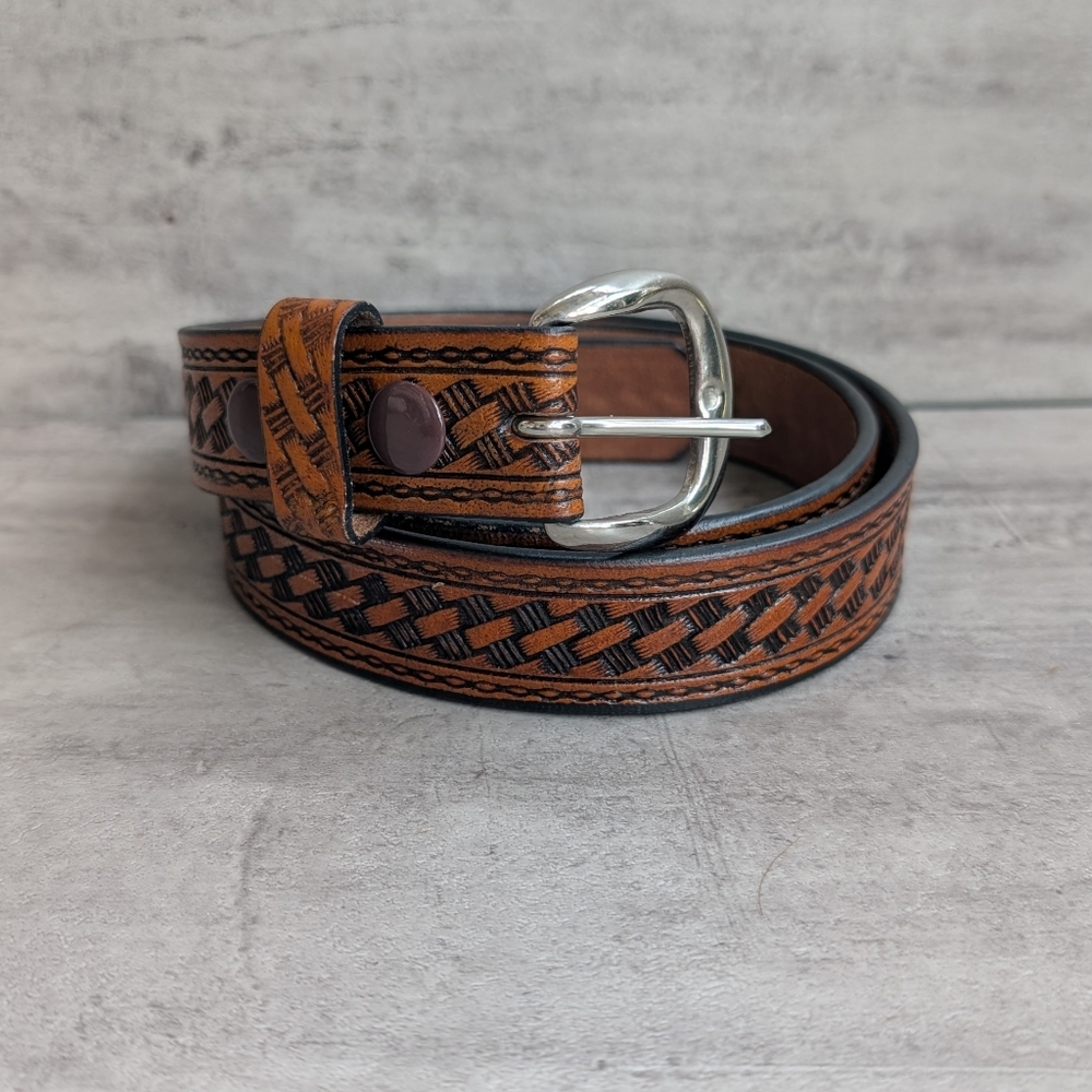 C.L. Embossed Genuine Leather Brown Belt Mens size 54"